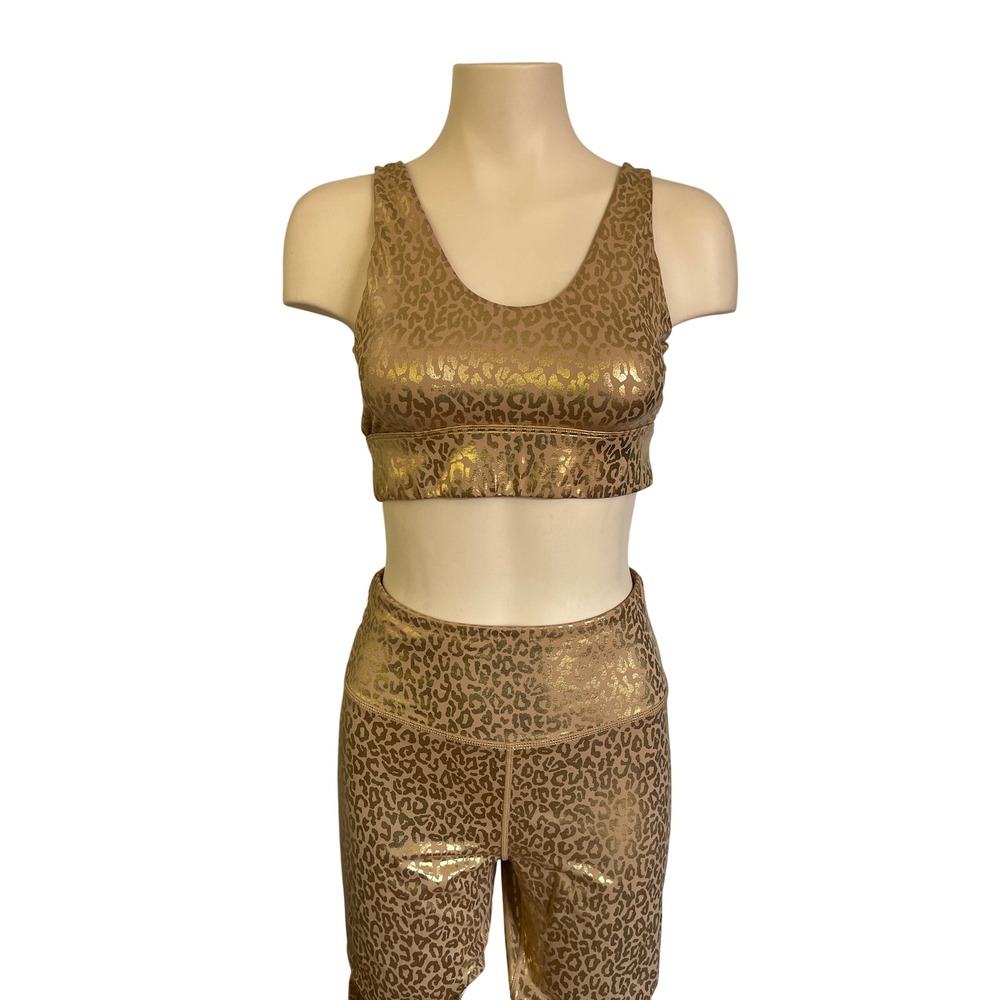 Gold Metallic Leopard Print Activewear Set High Waist Scrunch Legging Sports Bra